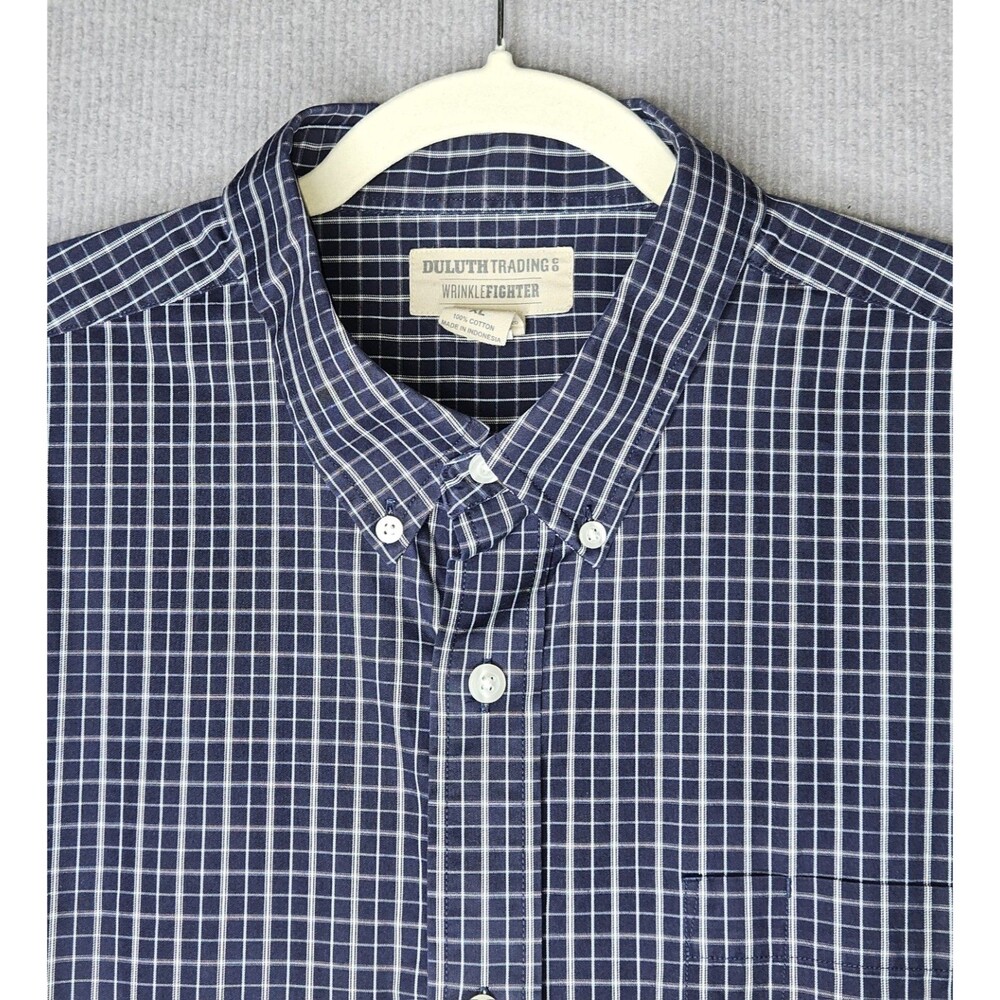 Duluth Trading Wrinklefighter Shirt Mens XL Navy White Check Button Down